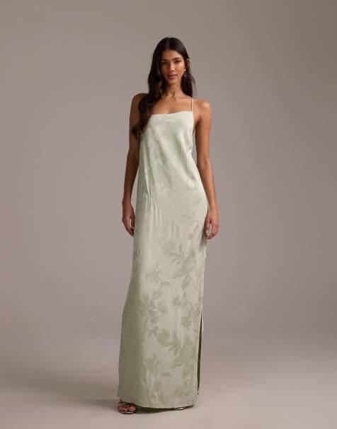 ASOS DESIGN - Robe longue asymétrique de demoiselle d'honneur en jacquard à bretelles fines - Vert sauge - view 1
