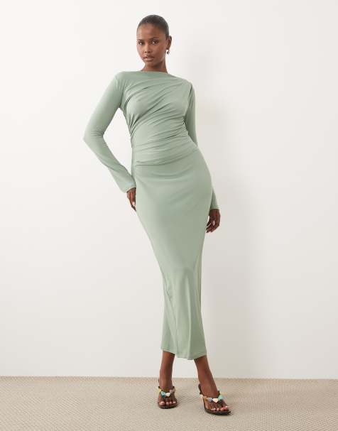 ASOS DESIGN robe longue asymétrique drapée à encolure bateau en vert sauge - view 1