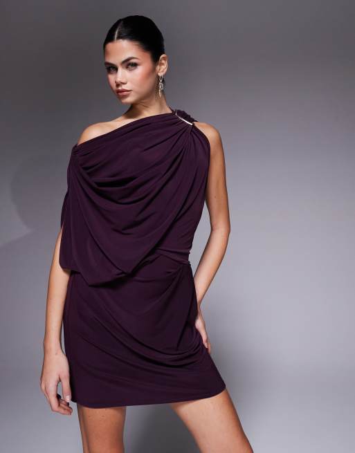 ASOS DESIGN - Robe longue asymétrique effet drapé avec détail en métal martelé - Violet vif, 4 de 4