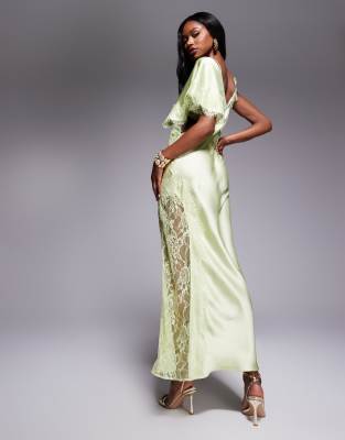 ASOS DESIGN - Robe longue asymétrique en satin avec finition en dentelle - Vert sauge - view 1