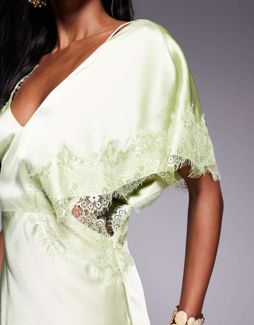 ASOS DESIGN - Robe longue asymétrique en satin avec finition en dentelle - Vert sauge, 3 de 4