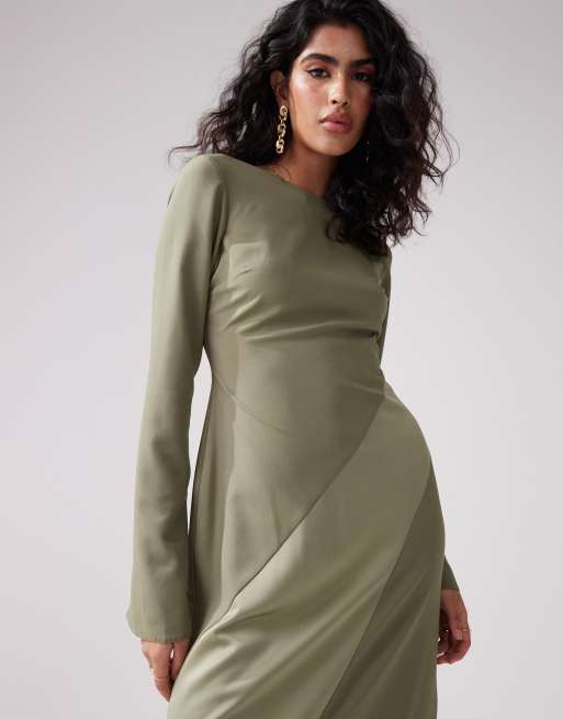 ASOS DESIGN - Robe longue asymétrique en satin - Kaki, 2 de 4