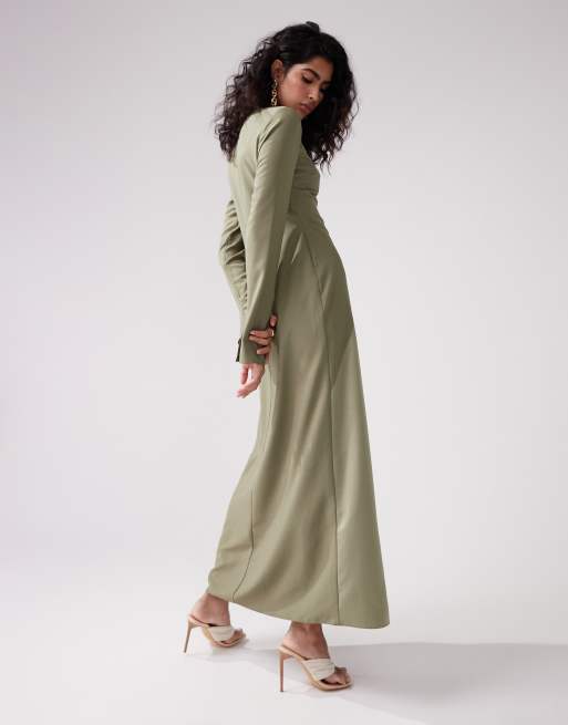 ASOS DESIGN - Robe longue asymétrique en satin - Kaki, 3 de 4