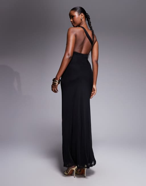 ASOS DESIGN - Robe longue asymétrique en tulle avec détail noué effet drapé à l'avant - Noir, 2 de 4