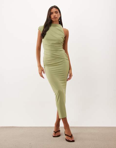 ASOS DESIGN robe longue asymétrique froncée à col montant en sauge - view 1