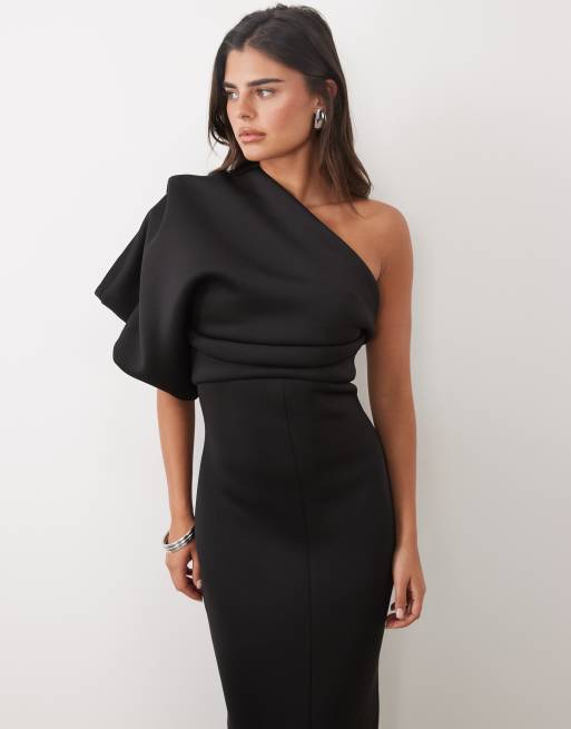 ASOS DESIGN robe longue asymétrique froncée en tissu style scuba noir, 2 de 4