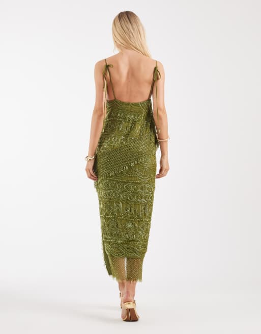 ASOS DESIGN - Robe longue asymétrique ornée de perles à superpositions - Olive, 4 de 4