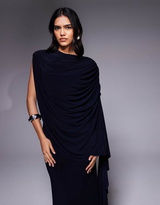 ASOS DESIGN - Robe longue asymétrique style cape - Bleu marine, 2 de 4