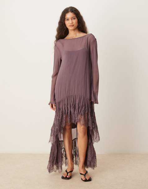 ASOS DESIGN - Robe longue asymétrique transparente en dentelle à manches longues avec découpe - Caramel foncé - view 1