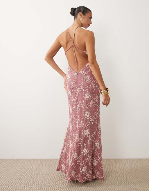 ASOS DESIGN - Robe longue au crochet à broderies avec encolure dégagée en U - Rose, 4 de 4