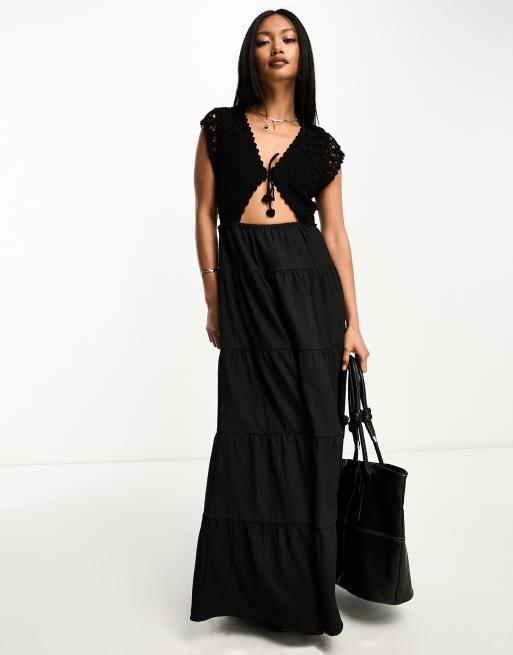 ASOS DESIGN - Robe longue avec body en maille au crochet et jupe étagée - Noir