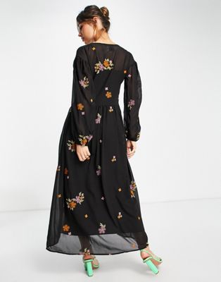 Femme Robe longue avec broderies sur l'ensemble - Noir