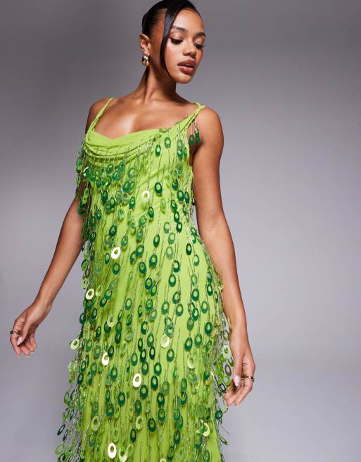 ASOS DESIGN - Robe longue avec col bénitier et franges ornées de sequins - Vert vif, 2 de 4