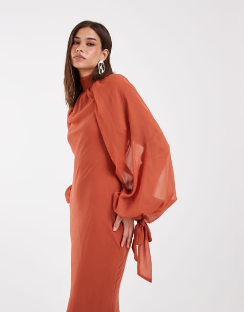 ASOS DESIGN - Robe longue avec col montant et ourlet à godets - Rouille - view 1