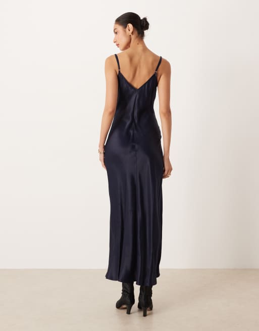 ASOS DESIGN - Robe longue avec corsage caraco en dentelle - Bleu marine, 3 de 4