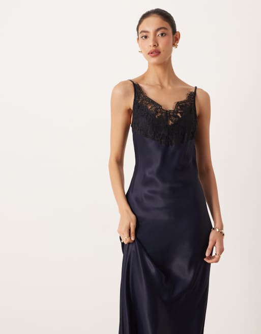 ASOS DESIGN - Robe longue avec corsage caraco en dentelle - Bleu marine, 4 de 4