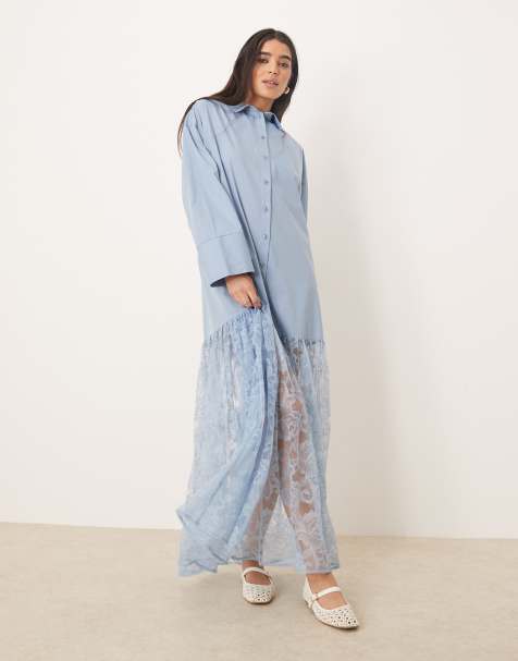 ASOS DESIGN - Robe longue avec corsage chemise en coton et jupe en dentelle - Bleu poudré - view 1