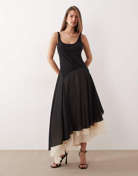 ASOS DESIGN - Robe longue avec corsage coupé en biais et jupe évasée à double épaisseur - Noir et blanc - view 1