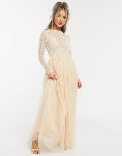 ASOS DESIGN Robe longue avec corsage orn et jupe en tulle Beige doux