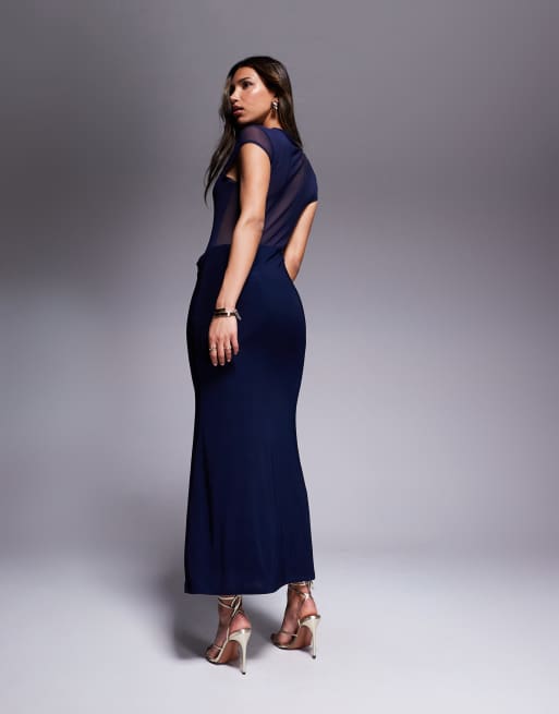 ASOS DESIGN - Robe longue avec corsage superposé et jupe effet bénitier - Bleu marine, 3 de 4