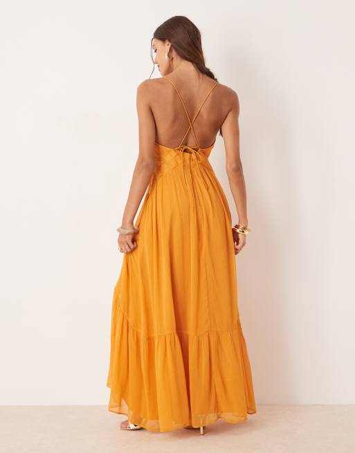 ASOS DESIGN - Robe longue avec croisillons à la taille avec bretelles et buste froncé - Orange, 2 de 4