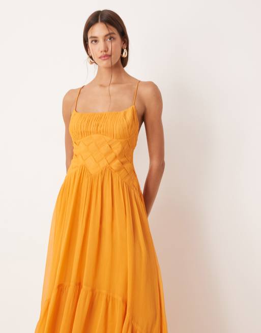 ASOS DESIGN - Robe longue avec croisillons à la taille avec bretelles et buste froncé - Orange, 4 de 4