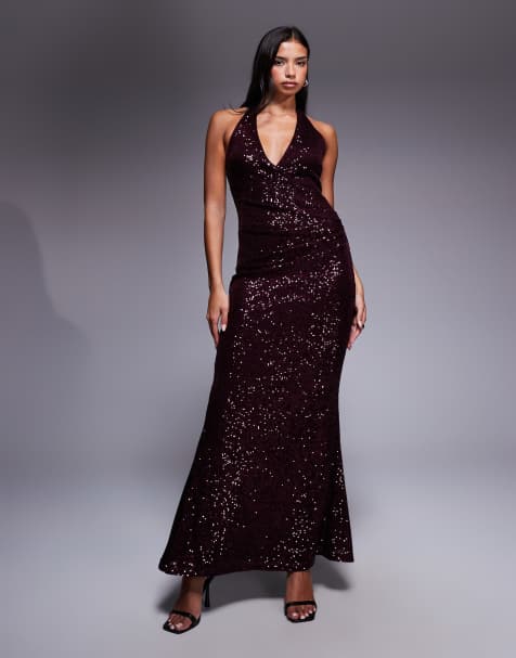 ASOS DESIGN - Robe longue avec décolleté plongeant et sequins sur l'ensemble - Bordeaux - view 1