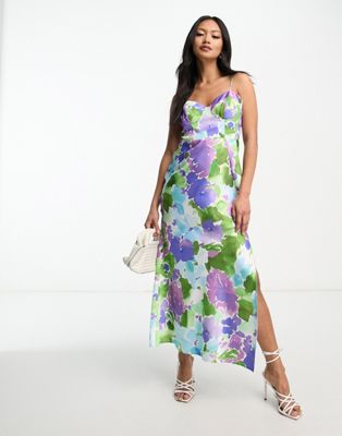 ASOS DESIGN - Robe longue avec détail corset en satin - Imprimé fleurs style aquarelle | ASOS