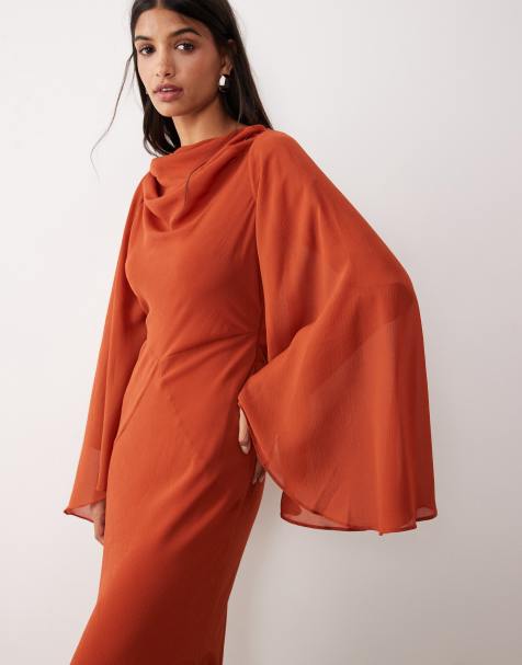 ASOS DESIGN - Robe longue avec détail drapé au dos et manches asymétriques - Rouille - view 1