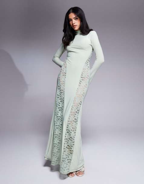 ASOS DESIGN - Robe longue avec empiècement en dentelle et col montant - Vert sauge - view 1
