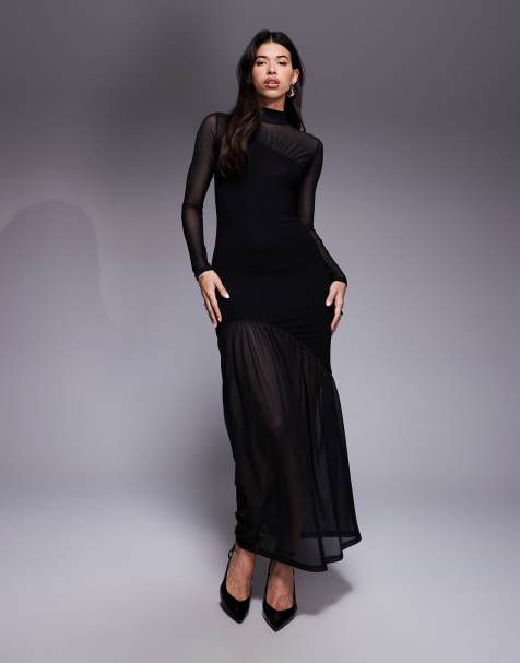 ASOS DESIGN - Robe longue avec empiècement en tulle transparent et col montant - Noir - view 1
