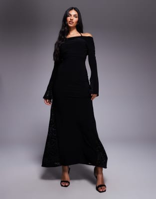 Robe longue avec empiècements en dentelle, détail style soutien-gorge et manches longues - Noir-Rouge 38