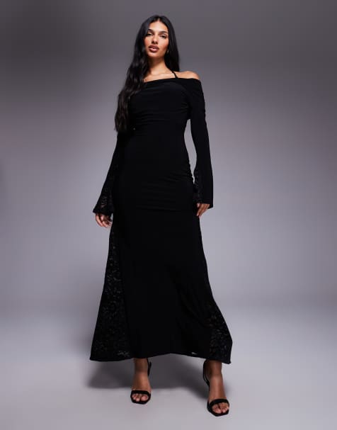 ASOS DESIGN - Robe longue avec empiècements en dentelle, détail style soutien-gorge et manches longues - Noir - view 1