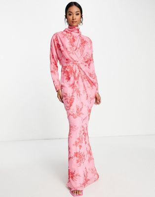ASOS DESIGN - Robe longue avec encolure drapée - Rouge à imprimé fleurs | ASOS