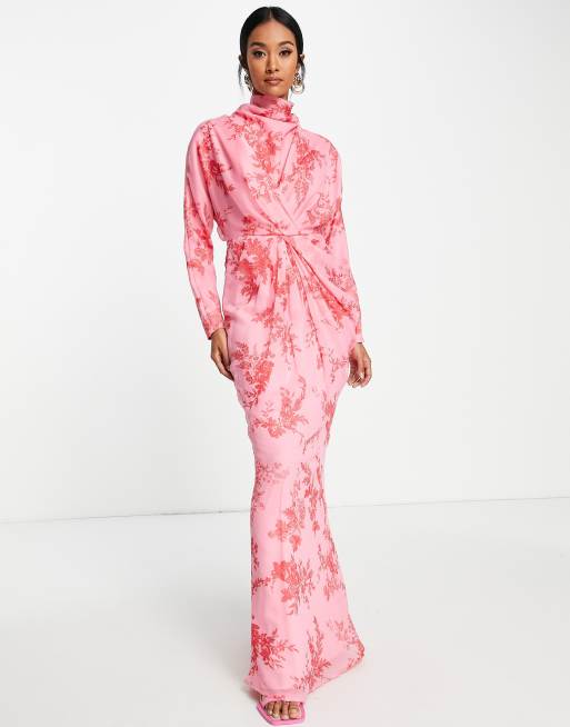 ASOS DESIGN - Robe longue avec encolure drapée - Rouge à imprimé fleurs