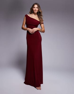 Robe longue avec épaule torsadée et détail noué au dos - Lie-de-vin-Rouge M
