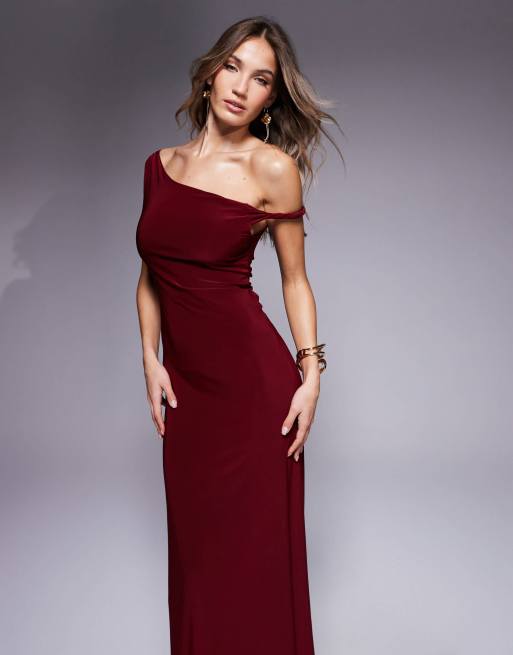 ASOS DESIGN twist shoulder with lace up back maxi dress in wine