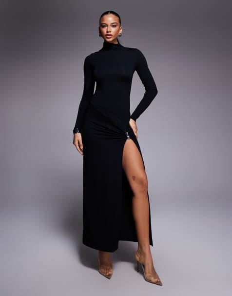 ASOS DESIGN - Robe longue avec fente ultra haute sur la cuisse et détail métallique argenté - Noir - view 1