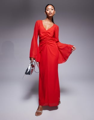 Robe longue avec fronces à l'avant et col V - Rouge 38