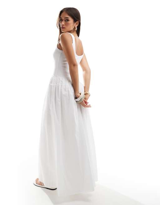 ASOS DESIGN - Robe longue avec jupe en popeline et corsage côtelé à boutons et encolure dégagée - Blanc, 3 de 4