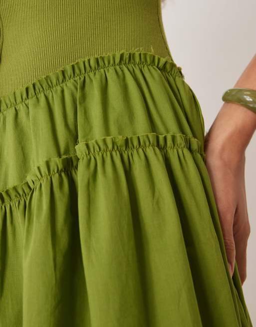 ASOS DESIGN - Robe longue avec jupe en popeline et corsage côtelé à boutons et encolure dégagée - Olive, 2 de 4