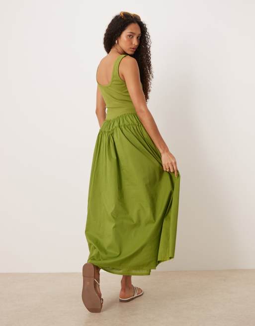 ASOS DESIGN - Robe longue avec jupe en popeline et corsage côtelé à boutons et encolure dégagée - Olive, 4 de 4
