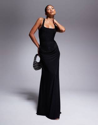ASOS DESIGN - Robe longue avec jupe près du corps drapée et corsage effet dévoré - Noir | ASOS