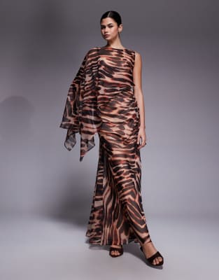 Robe longue avec superposition style manche et jupe drapée - Animal-Multicolore 34