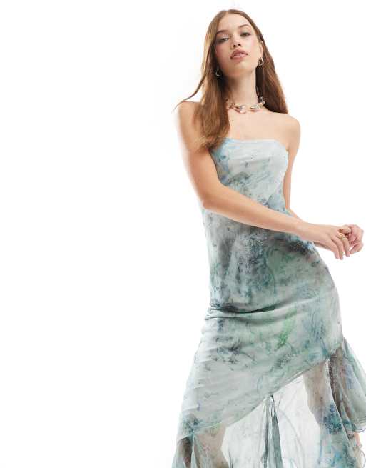 ASOS DESIGN - Robe longue bandeau à imprimé marbré et ourlet asymétrique à volants, 2 de 4