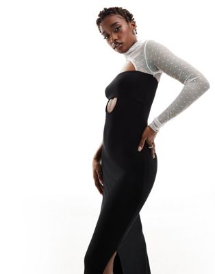 ASOS DESIGN bandeau maxi dress with contrast spot mesh sleeve in black - ASOS Price Checker