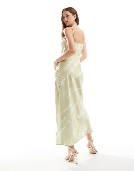 ASOS DESIGN - Robe longue bandeau coupe droite en satin à imprimé abstrait - Vert sauge, 3 de 4