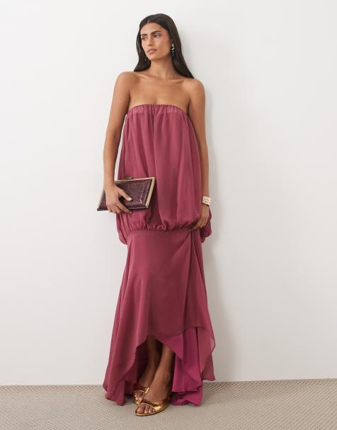 ASOS DESIGN robe longue bandeau en mousseline à taille basse couleur framboise - view 1