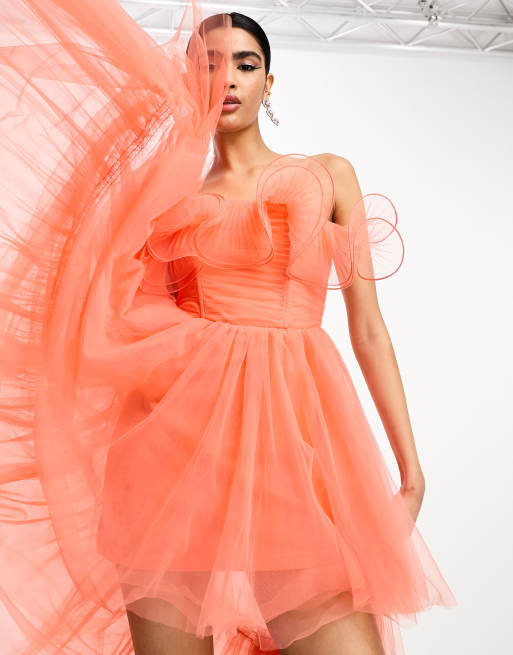 ASOS DESIGN Robe longue bandeau en tulle volants Corail