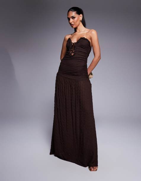 ASOS DESIGN - Robe longue bandeau texturée avec détails incurvés et laçage - Chocolat - view 1